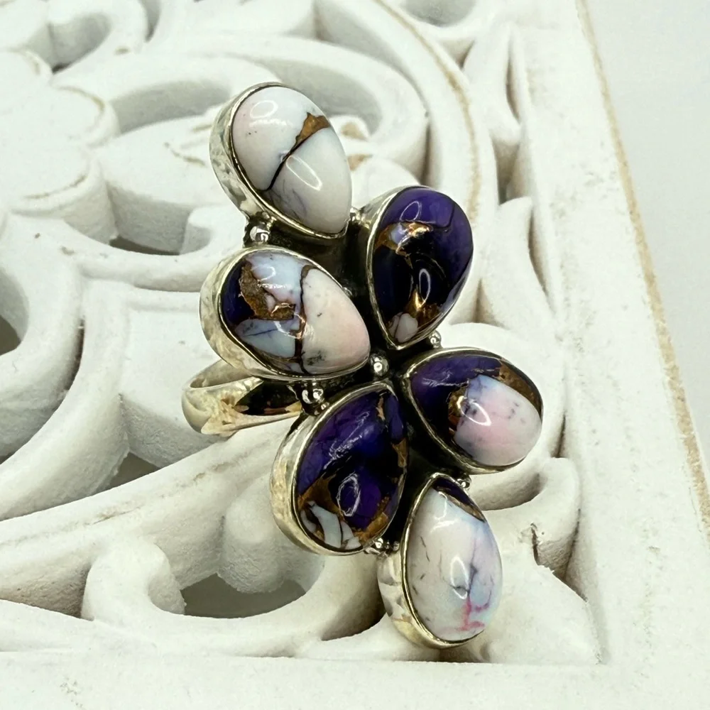 Sterling Silver Purple Dahlia Statement Ring – Size 8 Adjustable